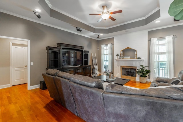 9923 Sims Harris Rd, Ooltewah, TN 37363 - living room featuring a raised ceiling, ceiling fan, wood finished floors, ornamental molding, and a fireplace