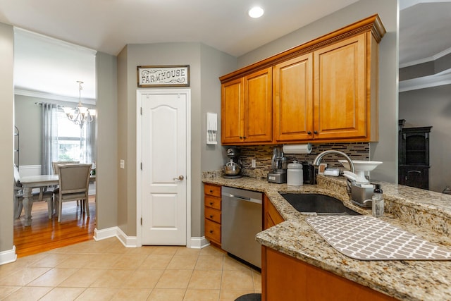 9923 Sims Harris Rd, Ooltewah, TN 37363 - kitchen with dishwasher, a sink, a chandelier, backsplash, and brown cabinetry