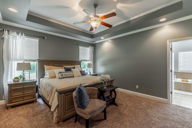 9923 Sims Harris Rd, Ooltewah, TN 37363 - bedroom with carpet floors, ornamental molding, baseboards, a raised ceiling, and ensuite bathroom
