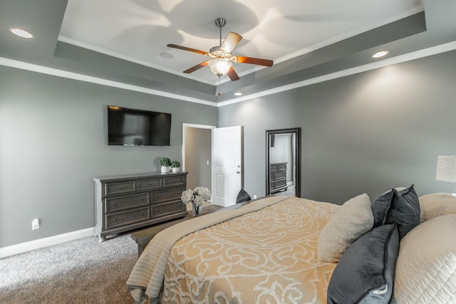 9923 Sims Harris Rd, Ooltewah, TN 37363 - carpeted bedroom featuring a raised ceiling, crown molding, baseboards, ceiling fan, and recessed lighting