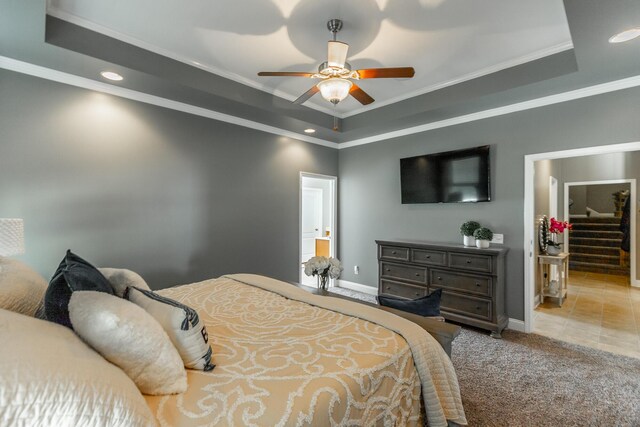 9923 Sims Harris Rd, Ooltewah, TN 37363 - bedroom featuring ornamental molding, a tray ceiling, baseboards, recessed lighting, and a ceiling fan