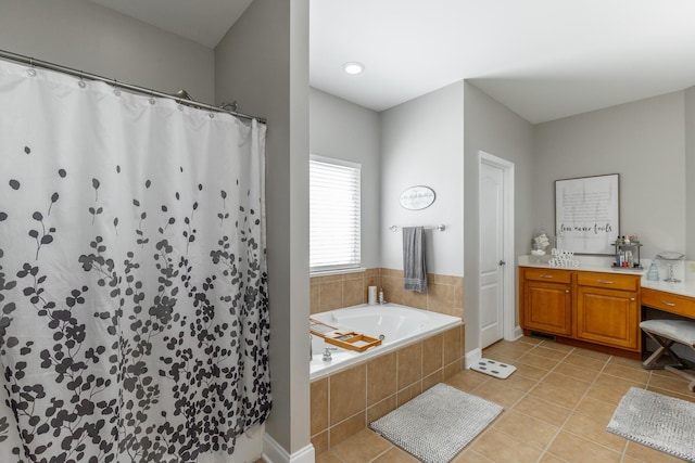 9923 Sims Harris Rd, Ooltewah, TN 37363 - bathroom with tile patterned floors, a bath, curtained shower, and vanity