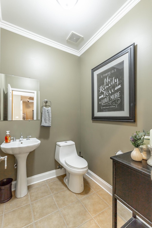 9923 Sims Harris Rd, Ooltewah, TN 37363 - half bathroom with crown molding, baseboards, toilet, tile patterned floors, and a sink