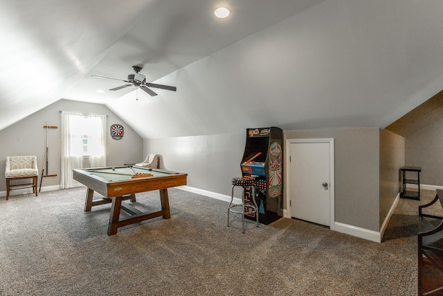 9923 Sims Harris Rd, Ooltewah, TN 37363 - playroom featuring baseboards, lofted ceiling, carpet floors, ceiling fan, and billiards table