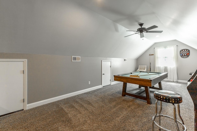 9923 Sims Harris Rd, Ooltewah, TN 37363 - rec room featuring billiards table, vaulted ceiling, carpet flooring, a ceiling fan, and baseboards