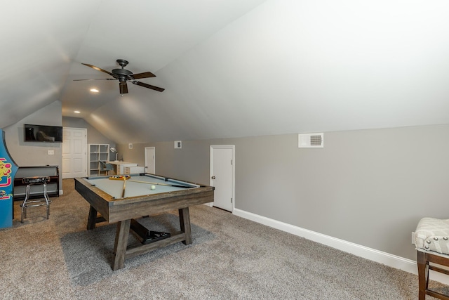 9923 Sims Harris Rd, Ooltewah, TN 37363 - game room with carpet flooring, lofted ceiling, baseboards, billiards, and a ceiling fan