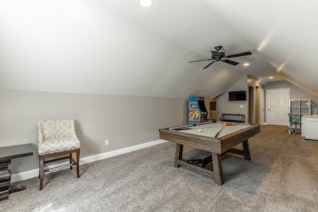9923 Sims Harris Rd, Ooltewah, TN 37363 - playroom with carpet flooring, billiards table, vaulted ceiling, baseboards, and a ceiling fan
