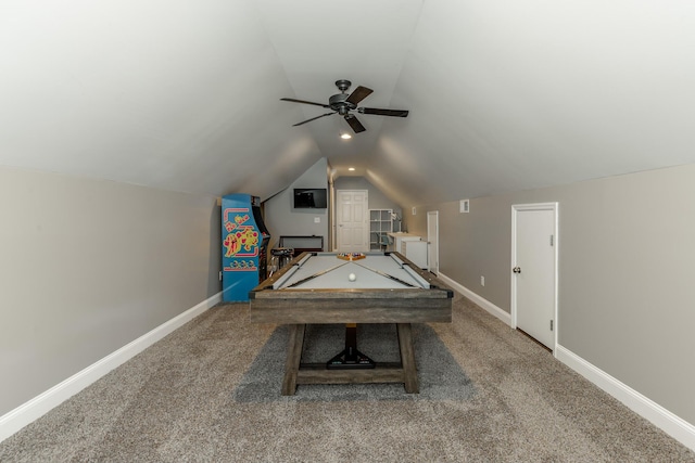 9923 Sims Harris Rd, Ooltewah, TN 37363 - playroom featuring ceiling fan, billiards, carpet flooring, lofted ceiling, and baseboards