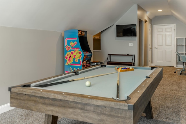 9923 Sims Harris Rd, Ooltewah, TN 37363 - rec room with carpet floors, lofted ceiling, recessed lighting, billiards table, and baseboards