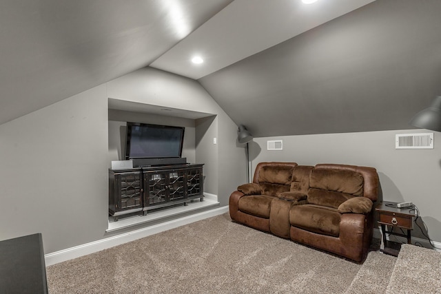 9923 Sims Harris Rd, Ooltewah, TN 37363 - carpeted home theater featuring lofted ceiling, baseboards, and recessed lighting
