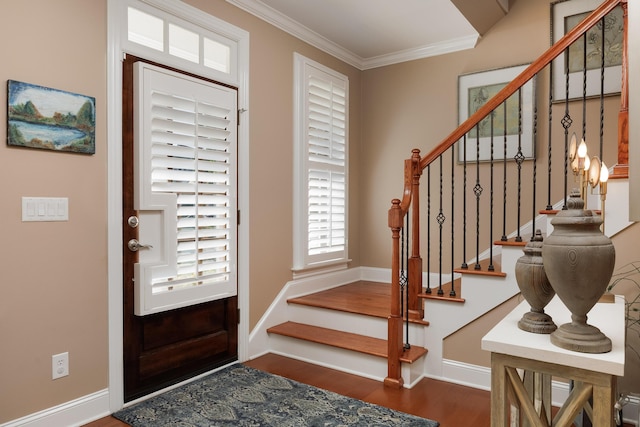2027 Holden Farm Pl Unit 622, Ooltewah, TN 37363 - foyer entrance featuring wood finished floors, ornamental molding, stairway, and baseboards