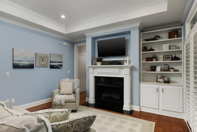 2027 Holden Farm Pl Unit 622, Ooltewah, TN 37363 - living area featuring dark wood-style floors, a fireplace with flush hearth, ornamental molding, and recessed lighting