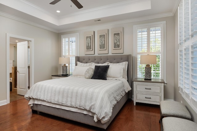 2027 Holden Farm Pl Unit 622, Ooltewah, TN 37363 - bedroom with dark wood-style floors, crown molding, a tray ceiling, recessed lighting, and ceiling fan