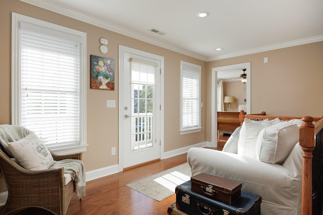 2027 Holden Farm Pl Unit 622, Ooltewah, TN 37363 - living area with crown molding, wood finished floors, baseboards, recessed lighting, and a ceiling fan