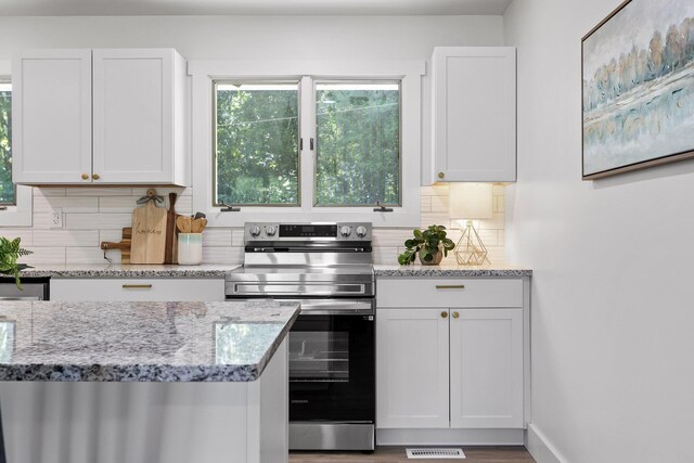 1795 Dowdy Rd, Cleveland, TN 37323 - kitchen with stainless steel electric range oven, tasteful backsplash, white cabinets, light stone countertops, and wood finished floors