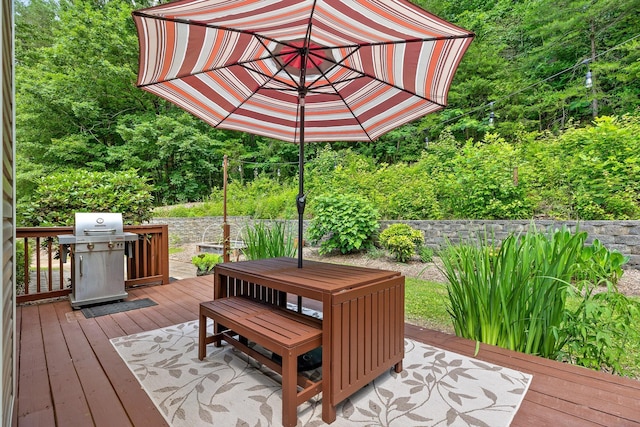 5726 Browntown Rd, Chattanooga, TN 37415 - wooden terrace with a grill, outdoor dining area, and a view of trees