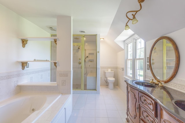 7900 Ooltewah Georgetown Rd, Ooltewah, TN 37363 - full bathroom featuring a shower stall, a jetted tub, double vanity, tile patterned flooring, and toilet