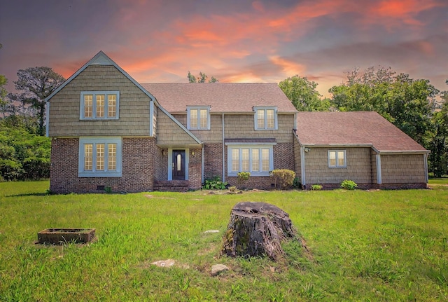 7900 Ooltewah Georgetown Rd, Ooltewah, TN 37363 - shingle-style home with a yard, a fire pit, and brick siding