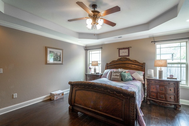 169 Southern Dr, Ringgold, GA 30736 - bedroom with a tray ceiling, hardwood / wood-style flooring, baseboards, crown molding, and a ceiling fan