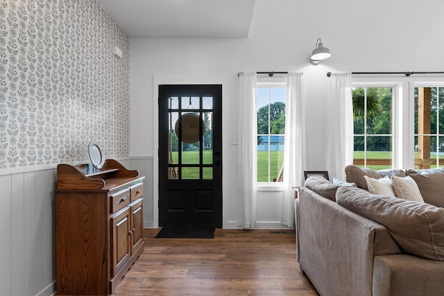 229 Blue Bird Way, Dunlap, TN 37327 - foyer featuring dark wood-style flooring, a wainscoted wall, and wallpapered walls