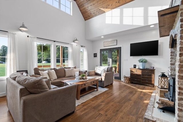 229 Blue Bird Way, Dunlap, TN 37327 - living area featuring hardwood / wood-style flooring, high vaulted ceiling, a wood stove, healthy amount of natural light, and wood ceiling