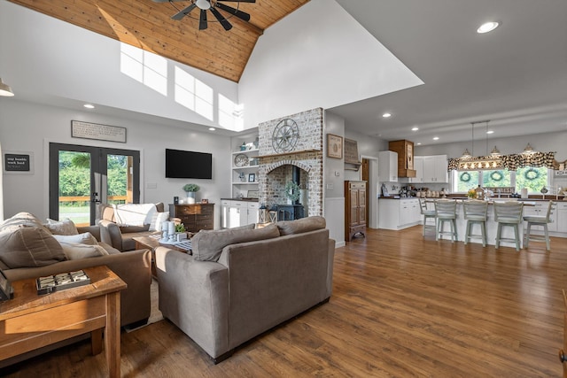 229 Blue Bird Way, Dunlap, TN 37327 - living room with a ceiling fan, dark wood-style floors, high vaulted ceiling, recessed lighting, and wood ceiling