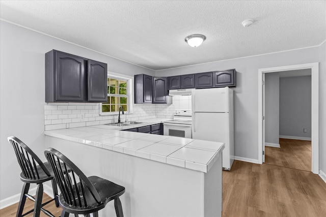 724 Shelly Ln, Rossville, GA 30741 - kitchen featuring white appliances, a sink, a peninsula, backsplash, and dark wood-type flooring