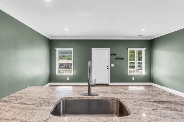 603 Browns Ferry Rd, Chattanooga, TN 37419 - kitchen with a sink, light stone countertops, crown molding, recessed lighting, and baseboards