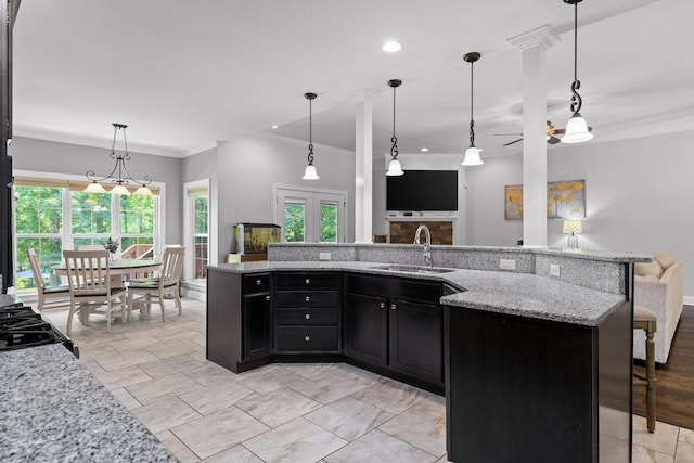 2904 Reflection Ln, Ooltewah, TN 37363 - kitchen featuring a sink, open floor plan, crown molding, dark cabinetry, and plenty of natural light