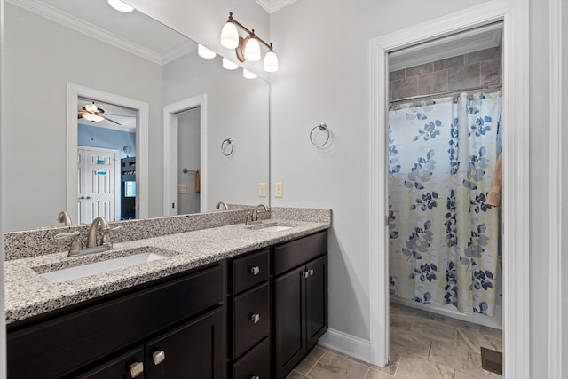2904 Reflection Ln, Ooltewah, TN 37363 - full bath with double vanity, ornamental molding, a shower with shower curtain, and baseboards