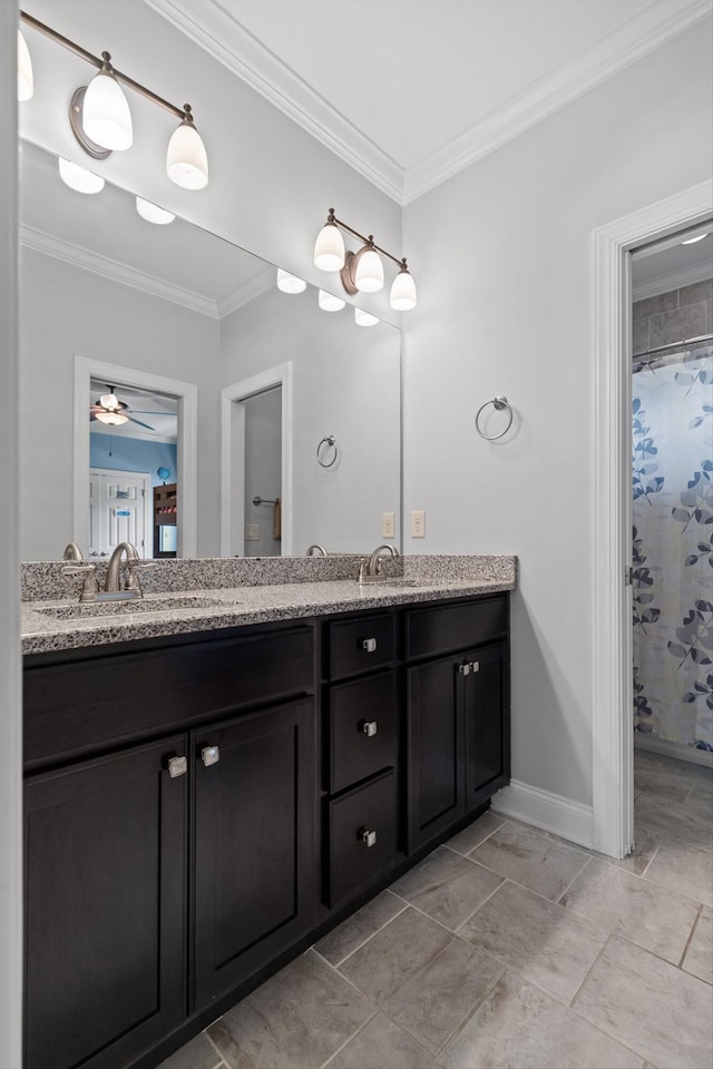 2904 Reflection Ln, Ooltewah, TN 37363 - full bathroom with double vanity, crown molding, baseboards, ceiling fan, and curtained shower
