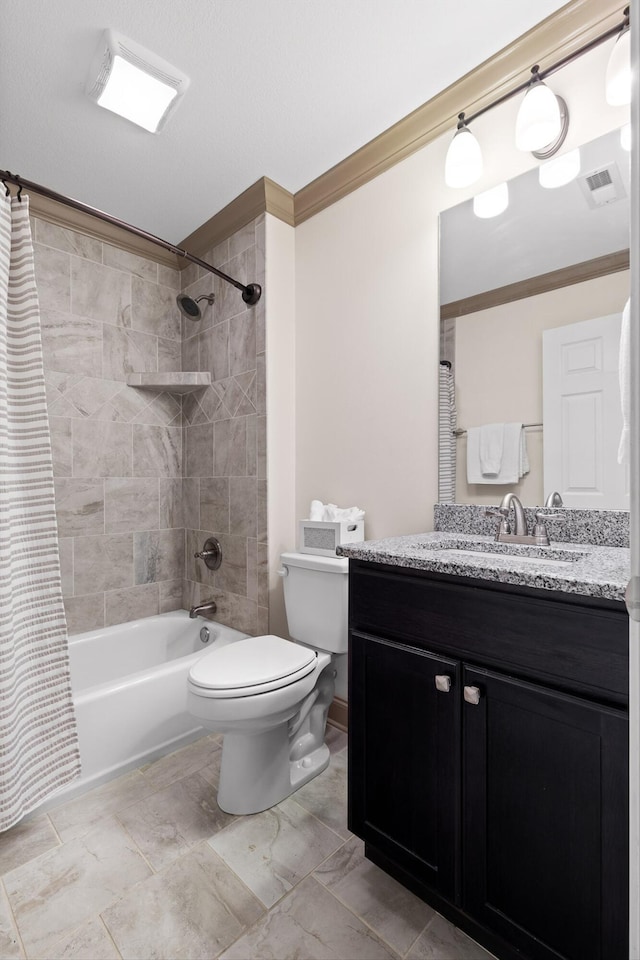 2904 Reflection Ln, Ooltewah, TN 37363 - full bathroom with toilet, vanity, shower / tub combo, and ornamental molding
