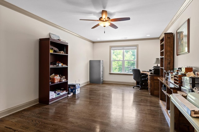 2904 Reflection Ln, Ooltewah, TN 37363 - office space featuring a ceiling fan, crown molding, dark wood-style floors, and baseboards