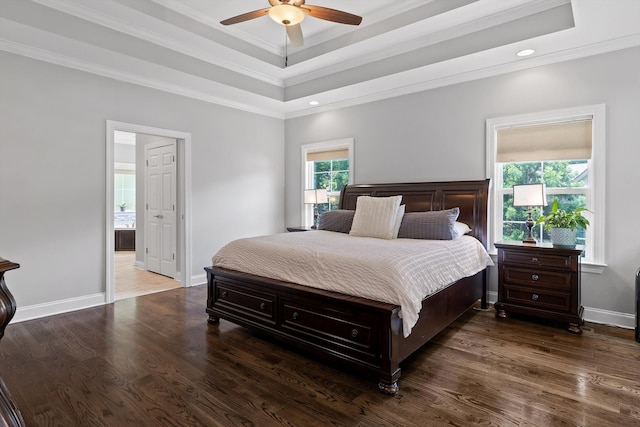 2904 Reflection Ln, Ooltewah, TN 37363 - bedroom featuring crown molding, a tray ceiling, wood finished floors, recessed lighting, and baseboards