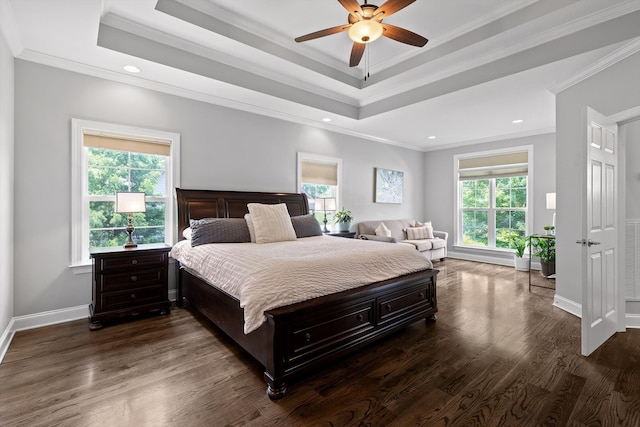 2904 Reflection Ln, Ooltewah, TN 37363 - bedroom featuring baseboards, crown molding, dark wood-style flooring, recessed lighting, and a tray ceiling