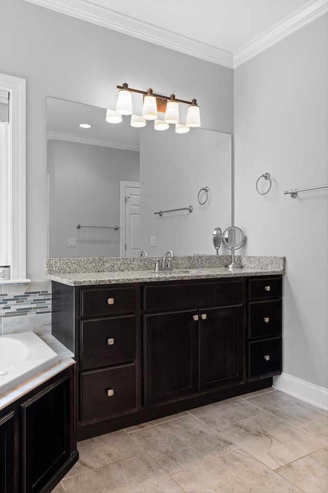 2904 Reflection Ln, Ooltewah, TN 37363 - bathroom featuring ornamental molding, vanity, backsplash, and baseboards