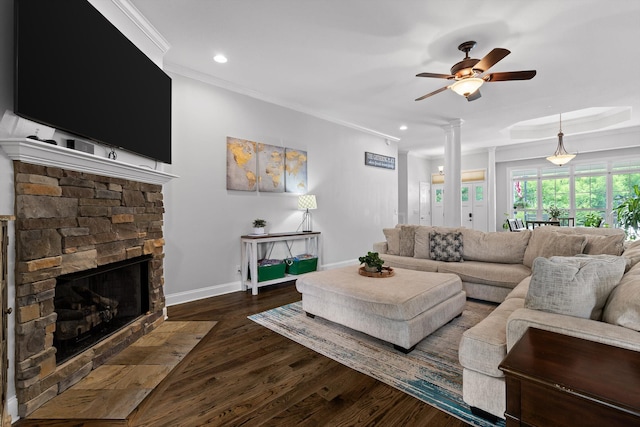 2904 Reflection Ln, Ooltewah, TN 37363 - living room with ceiling fan, wood finished floors, ornamental molding, recessed lighting, and a fireplace