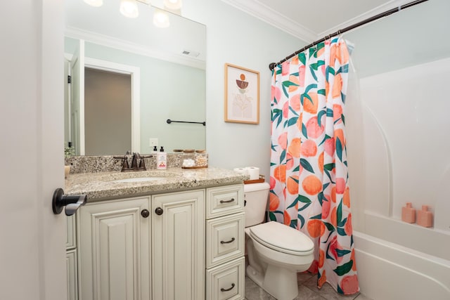3773 Lacy Leaf Ln, Apison, TN 37302 - full bath featuring ornamental molding, toilet, vanity, shower / bath combo, and tile patterned floors