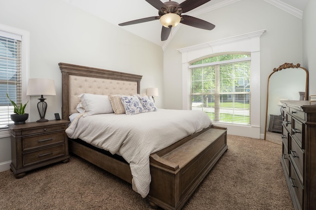 3773 Lacy Leaf Ln, Apison, TN 37302 - bedroom with carpet, crown molding, multiple windows, lofted ceiling, and a ceiling fan