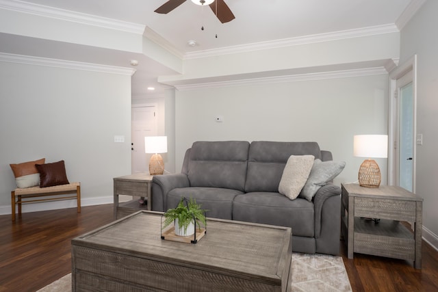 3773 Lacy Leaf Ln, Apison, TN 37302 - living room featuring wood finished floors, ceiling fan, baseboards, ornamental molding, and recessed lighting