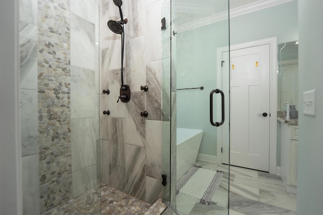 3773 Lacy Leaf Ln, Apison, TN 37302 - bathroom with ornamental molding, a shower stall, a soaking tub, marble finish flooring, and vanity