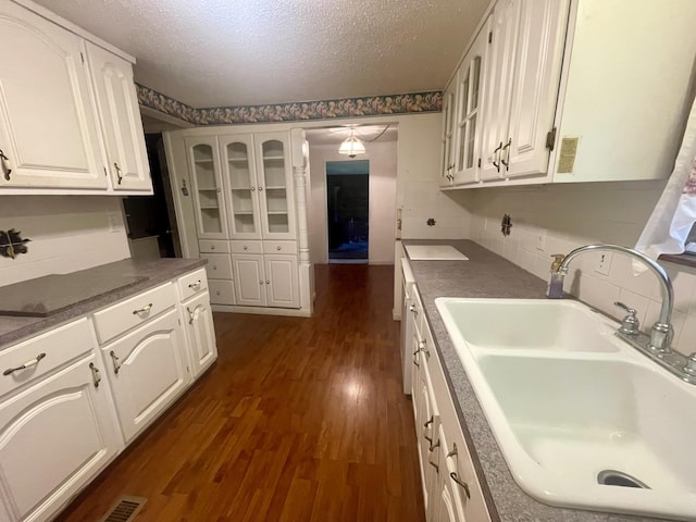 723 Godsey Ln, Chattanooga, TN 37415 - kitchen featuring a sink, dark wood finished floors, glass insert cabinets, white cabinets, and backsplash