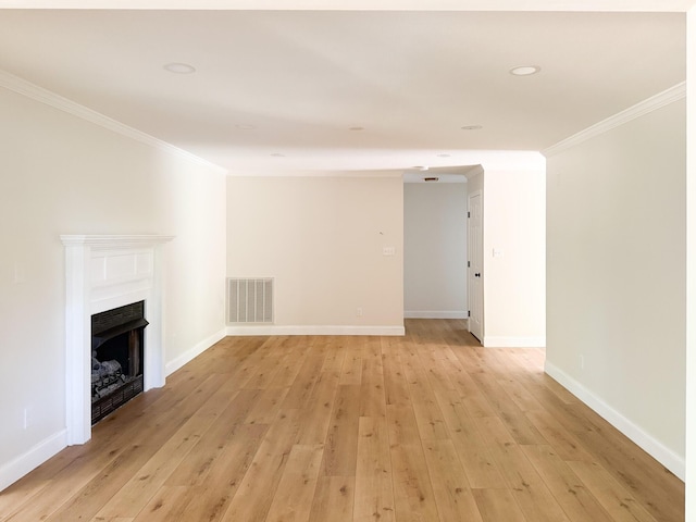 6527 Shallowmar Ln, Hixson, TN 37343 - unfurnished living room featuring light wood-style floors, crown molding, a fireplace, and baseboards