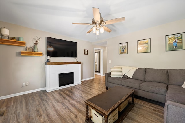 334 Kay Conley Rd, Rock Spring, GA 30739 - living area with a ceiling fan, wood finished floors, baseboards, and a fireplace