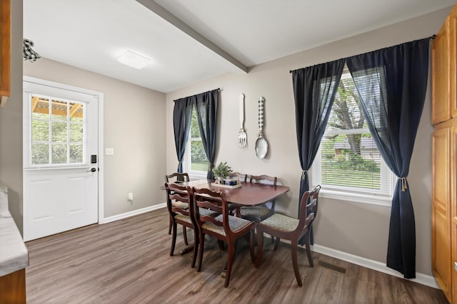 334 Kay Conley Rd, Rock Spring, GA 30739 - dining room featuring wood finished floors, healthy amount of natural light, baseboards, and beamed ceiling