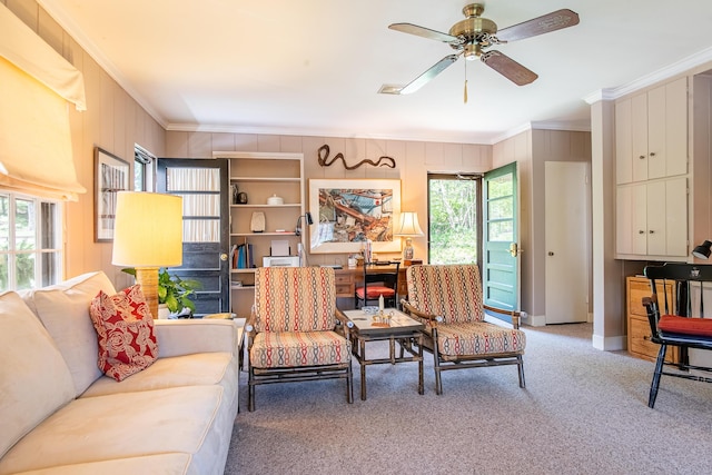504 Fleetwood Dr, Lookout Mountain, TN 37350 - living area featuring crown molding, carpet, a ceiling fan, and baseboards