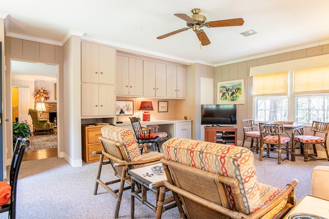504 Fleetwood Dr, Lookout Mountain, TN 37350 - living room with crown molding, light carpet, and a ceiling fan