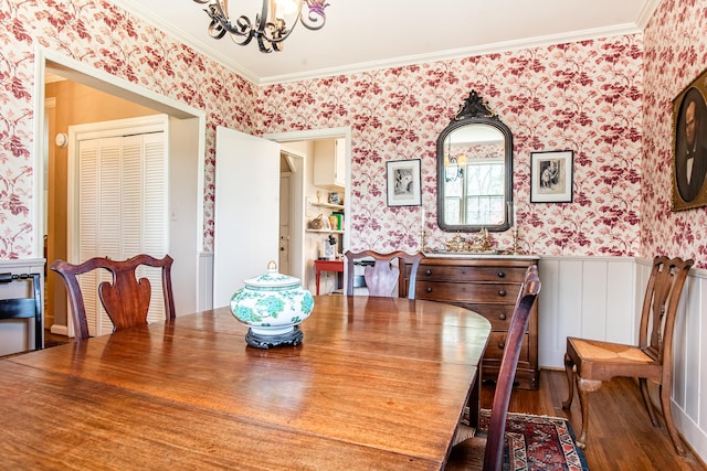504 Fleetwood Dr, Lookout Mountain, TN 37350 - dining area with wallpapered walls, a chandelier, wood finished floors, crown molding, and wainscoting
