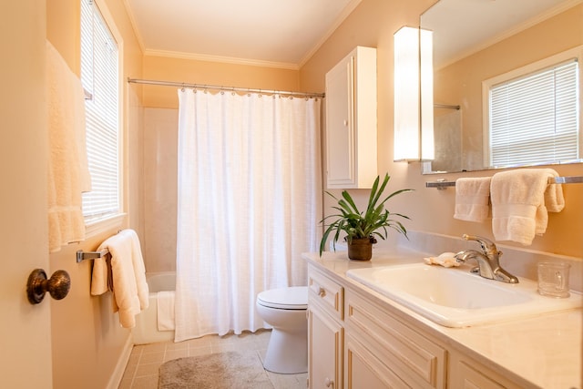 504 Fleetwood Dr, Lookout Mountain, TN 37350 - bathroom with toilet, vanity, tile patterned flooring, shower / tub combo with curtain, and crown molding