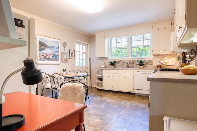 504 Fleetwood Dr, Lookout Mountain, TN 37350 - kitchen featuring white dishwasher, white cabinetry, stone finish flooring, decorative backsplash, and a sink